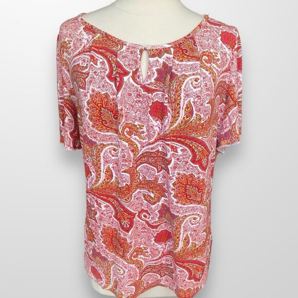 Chaps Women's Size 1X Top Shirt‎ Short Flutter Sleeve Stretch Paisley Scoop Neck - Picture 1 of 8